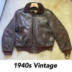 40s 50s era Vintage Steerhide Leather Jacket Bomber Shearling Wool Distressed L